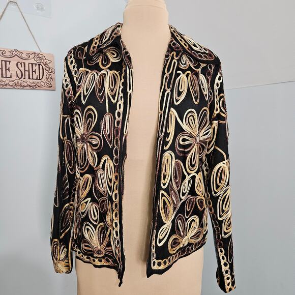 Anu by Natural Blazer Womens Medium Floral Embroidered Open Shacket Black Cream - Picture 3 of 14